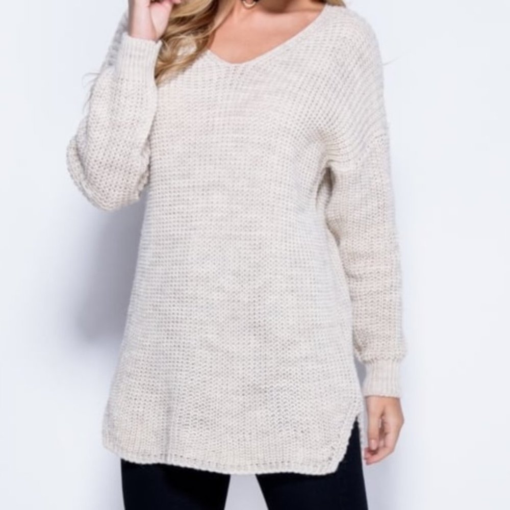 Oversized Mohair Mix Cream Knit V-Neck Sweater- Made in Italy